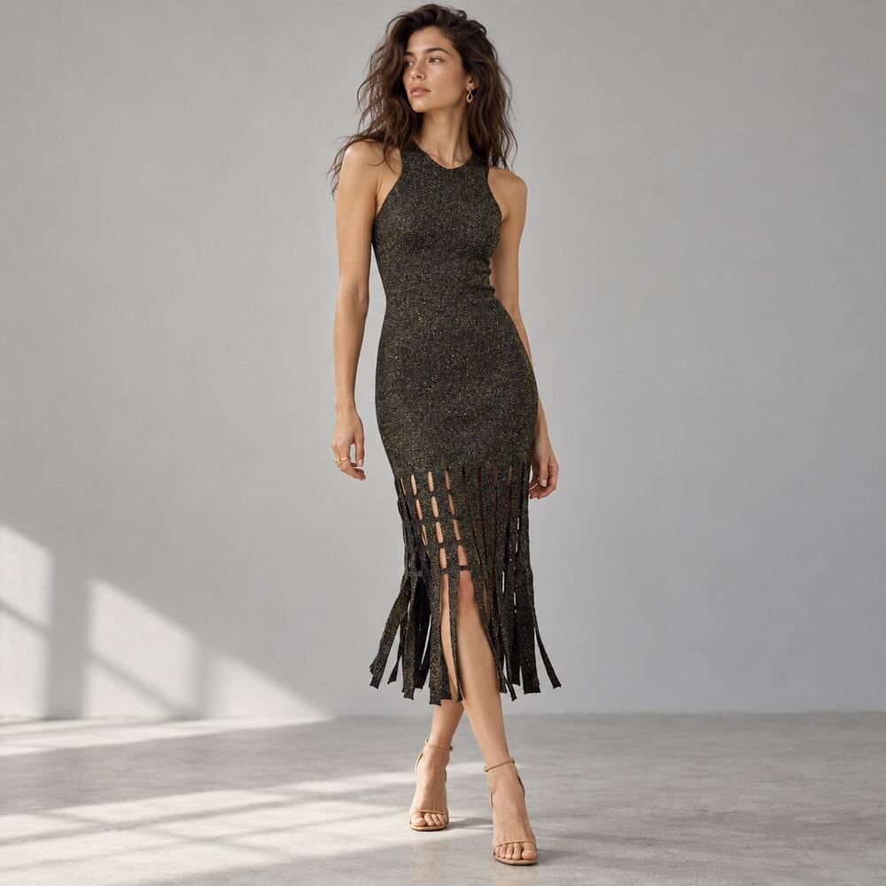 Rails Kaia Gold Lurex Metallic Knit Midi Dress S Sleeveless Shimmer Bodycon NWT